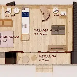 2+1 Ahşap ev çizim