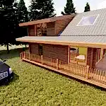 Yanında siyah araba olan yeşillikler içinde iki katlı 150 m² Modern tasarım ahşap villa