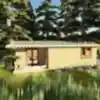 Ağaçlar içinde önden görünüşlü 15 m2 ahşap bungalov ev