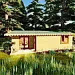 Ağaçlar içinde önden görünüşlü 15 m2 ahşap bungalov ev