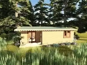 Ağaçlar içinde önden görünüşlü 15 m2 ahşap bungalov ev