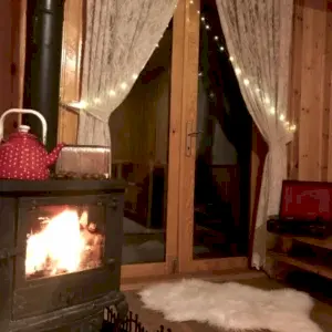 Ateşi yanan soba kapıda perdeleri acık cam salon